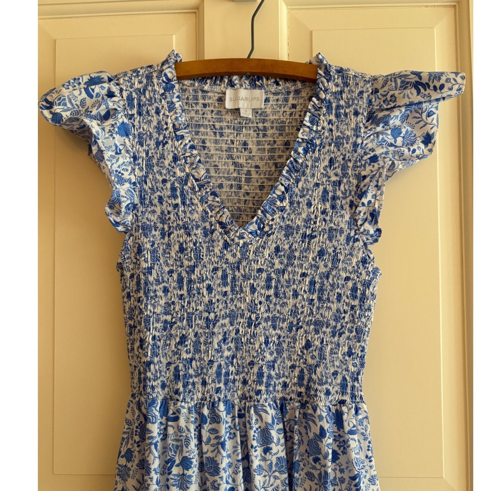 Sugarlips Blue White Floral Toile Smocked Ruffle Maxi Dress Small V-Neck Tiered - Picture 2 of 5